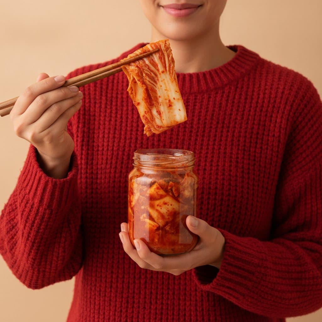 Jimin som tar en bit kimchi med ätpinnar