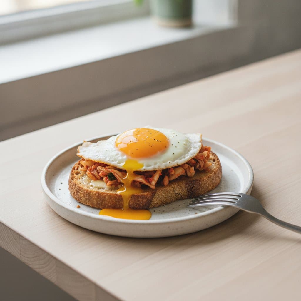 Rostat bröd med kimchi och stekt ägg